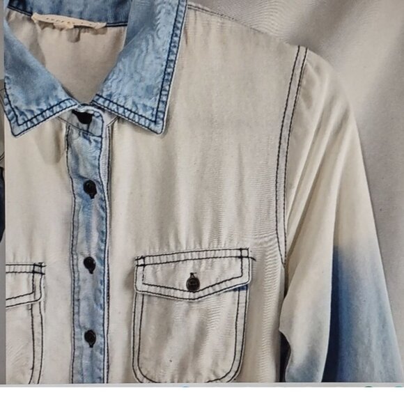 Copper Key Long Sleeve ColorBlock Tie Dye Chambray Denim Tie Waist Romper - Picture 4 of 7